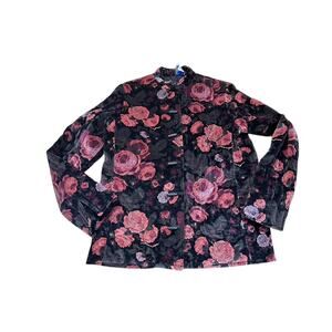 Vintage 90's Cottage Core Black Velvet Cabbage Roses Quilted Jacket Blazer SZ M